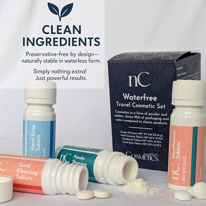 nanoSPACE Waterless Travel Toiletry Set, Clean Ingredients TSA Compliant, Includes Powder Shampoo, Toothpaste Tablets, Mouthwash Tablets, Soap Tablets