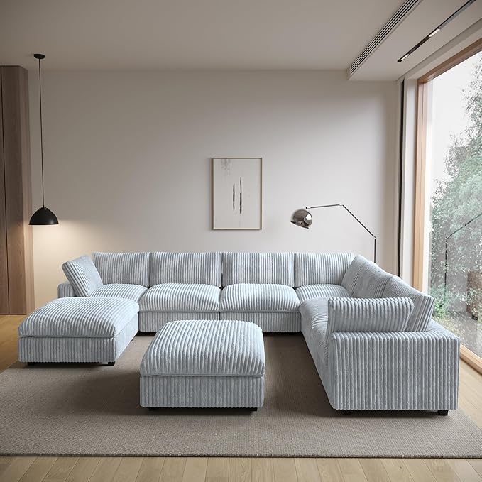 Modular Sectional Sofa/ 158inch Cloud Couches with Ottoman for Living Room/Oversized Soft Faux Rabbit Fur U Shaped Couch with Chaise,8 Seater Wide Convertible Sofa,Covers Washable&Replaceable,Grey