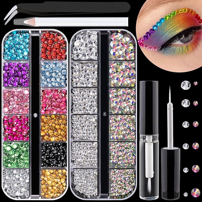 Flat Back Rhinestone Kits Colorful Rhinestones+Crystal AB&Transparent White Face Gems Nail Gem with Quick Dry Makeup Glue+...