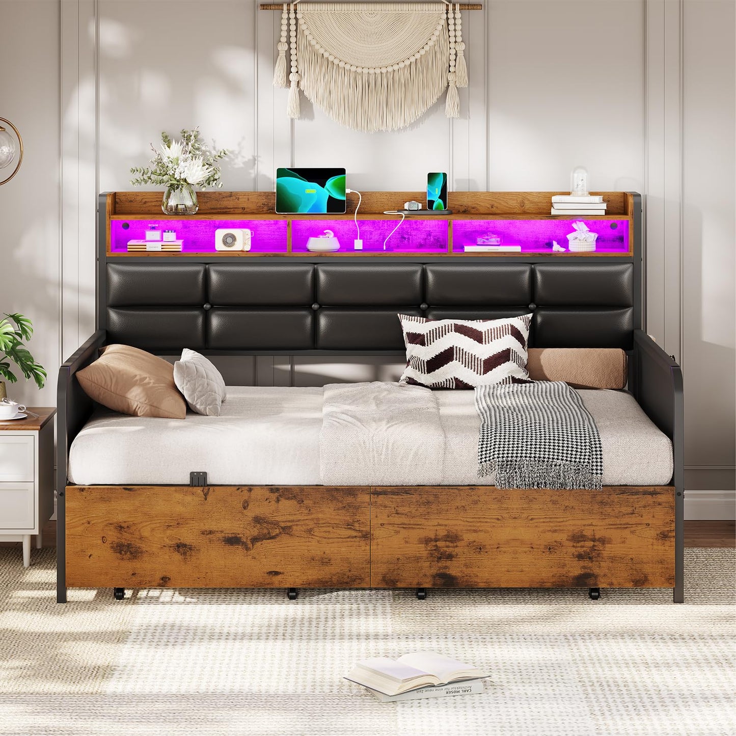 VIAGDO Daybed with 2 Drawers, Twin Day Bed with Upholstered Headboard and Charging Station, Metal Day Bed Frame with Storage and LED Lights, Twin Daybed for Living Room, Bedroom, Guest Room, Black