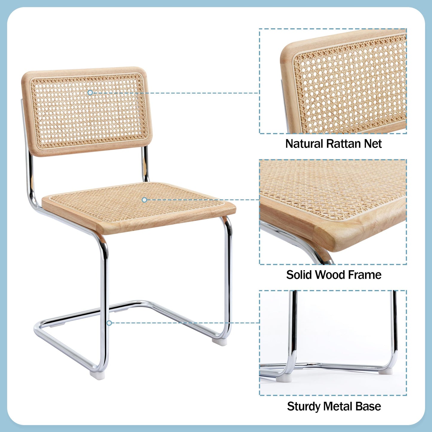 Flouki Rattan Dining Chairs Set of 4, Boho Accent Chairs for Kitchen Room with Natural Cane Mesh, Mid Century Cantilever Design, Undyed Solid Wood