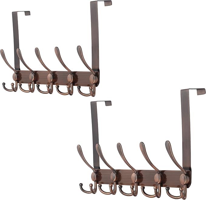 Dseap Over The Door Hook Hanger - 5 Tri Hooks, Heavy Duty Over The Door Towel Rack Coat Rack for Clothes Hat Towel,Red Antique Copper, 2 Packs