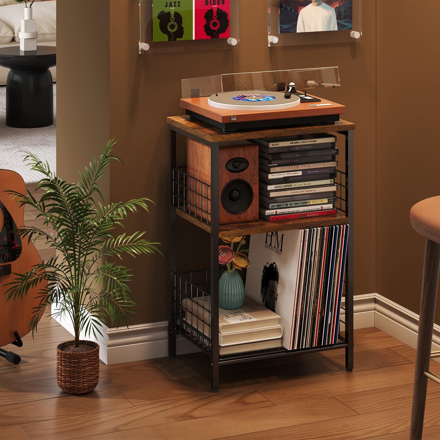 X-cosrack Side Table, Small End Table Record Player Stand with Storage, Vinyl Record Storage Night Stand for Living Room, Bedroom,Office(Patent Pending)(Rustic Brown & Black)