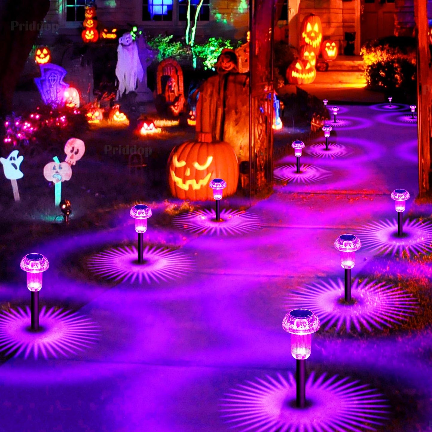 Priddop Halloween Solar Lights Outdoor 8 Pack Purple LED Waterproof Mushroom Outside Lights for Yard Garden Patio Pathway Walkway Landscape Halloween Decorations