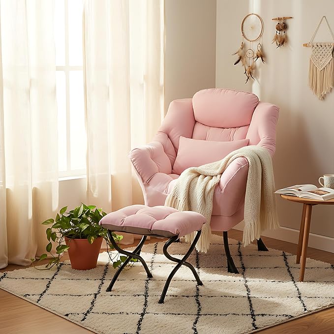 Furlide Lazy Chair with Ottoman, Modern Lounge Chair with Lumbar Pillow, Accent Cozy Reading Armchair and Folding Footstool for Bedroom, Dorm, Living Room,Pink
