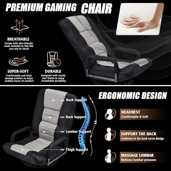 ACIPENSER Swivel Gaming Chair Multipurpose Floor Gaming Chair for Playing Video Games, TV, Reading w/Armrest Lumbar Support & 6 Adjustable Postion Backrest for Adults & Kids,Grey