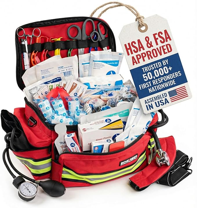 Scherber First Responder Fully-Stocked Professional Essentials EMT/EMS Trauma Kit | HSA/FSA Approved | Reflective Bag w/8 ...