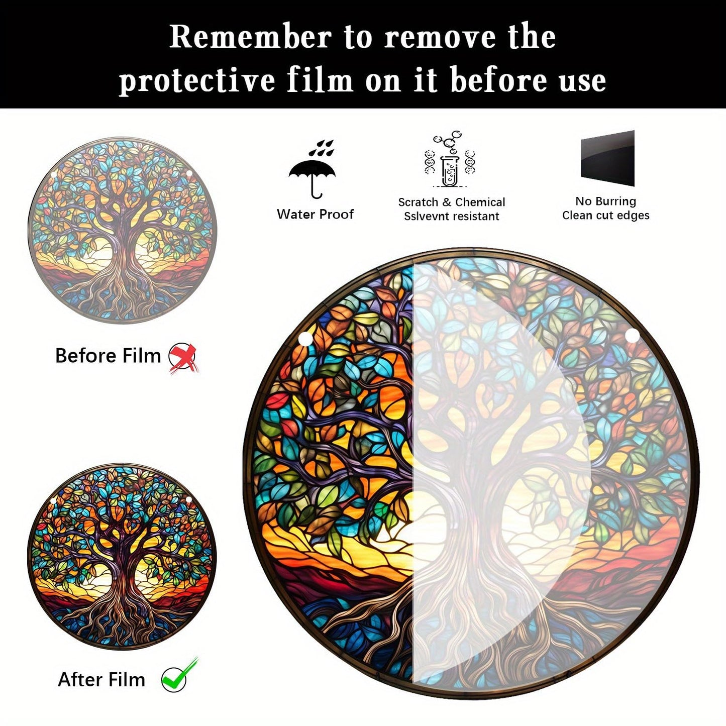 Tree of Life Stained Window Hangings with Chain – Acrylic Tree Ornament for Garden, Patio and Indoor Decor, Housewarming Gift for Mom, Grandma