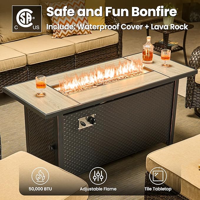 ovios 7 Pieces Patio Furniture Set, Outdoor Wicker Sofa Couch with Swivel Chairs 54" Fire Pit Table, High Back Modern All Weather Conversation Sets, Brown Rattan, Beige