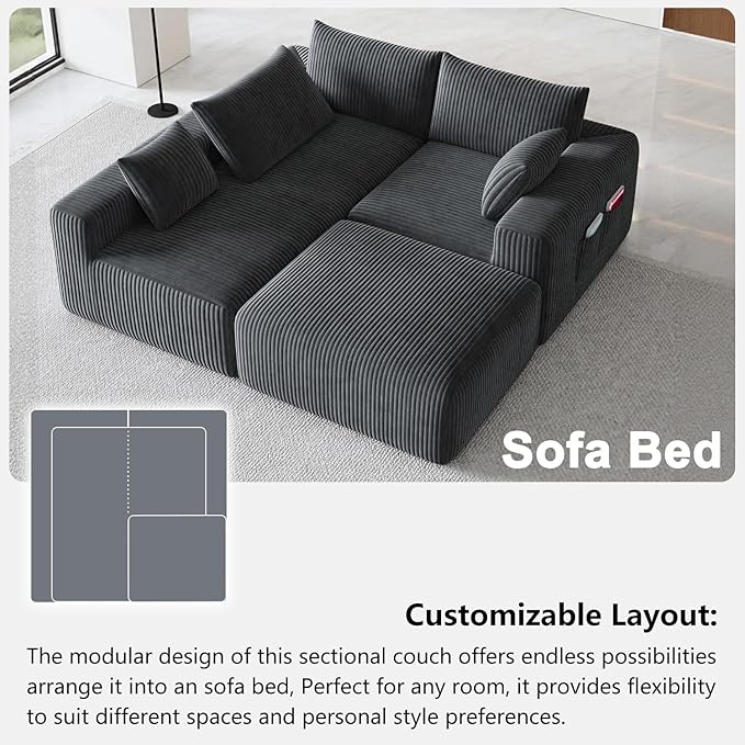 Domiqut 108" Cloud Couch Modular Sectional Sofa for Living Room,L-Shaped Boneless Couch with Deep Seat Chaise,No Assembly Required Foam Sleeper Sofa for Apartments,Plush Corduroy Fabric, Dark Gray