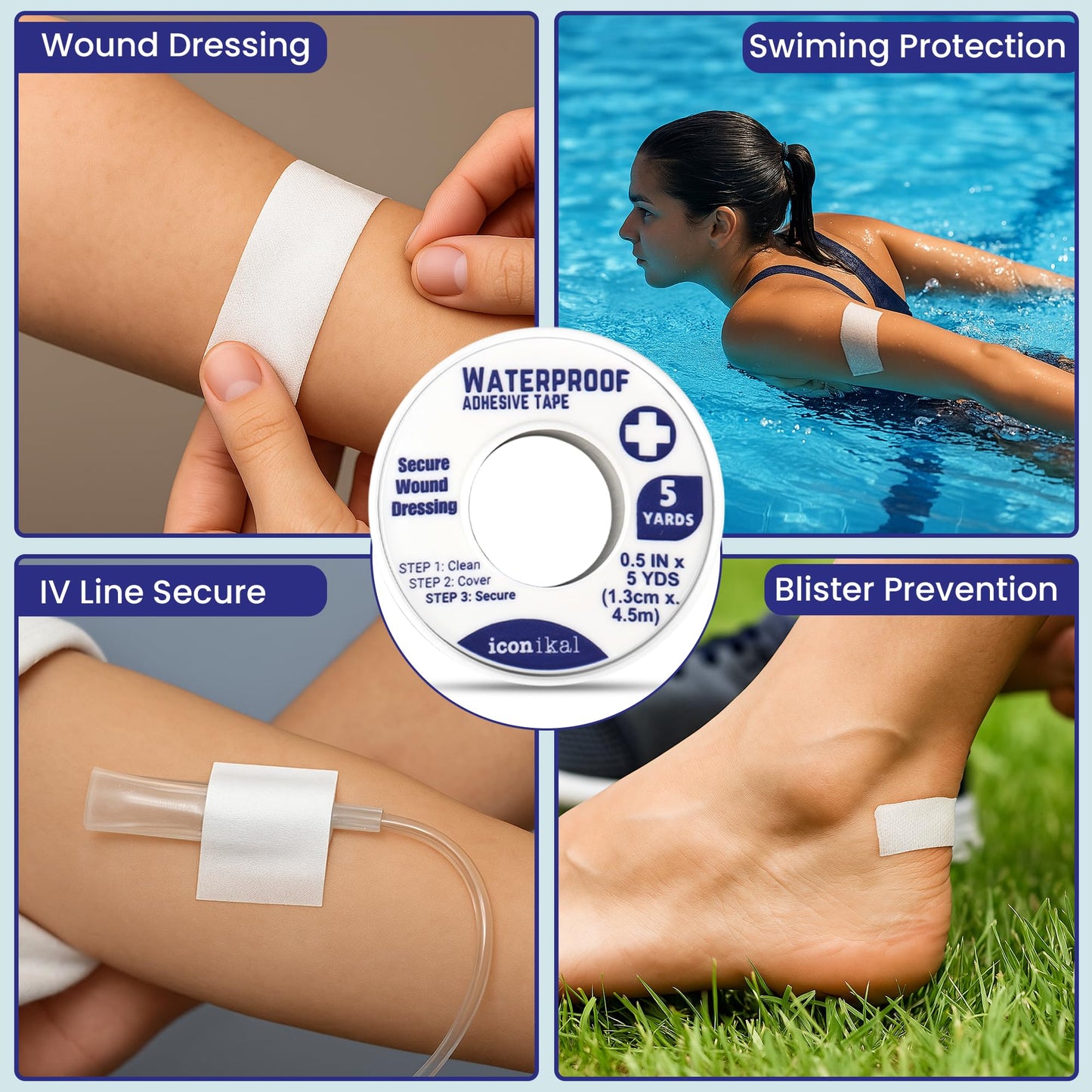 Iconikal 4-Pack First Aid Waterproof Adhesive Tape, 0.5 x 180-Inches, White for Wound Care Gauze Wrap