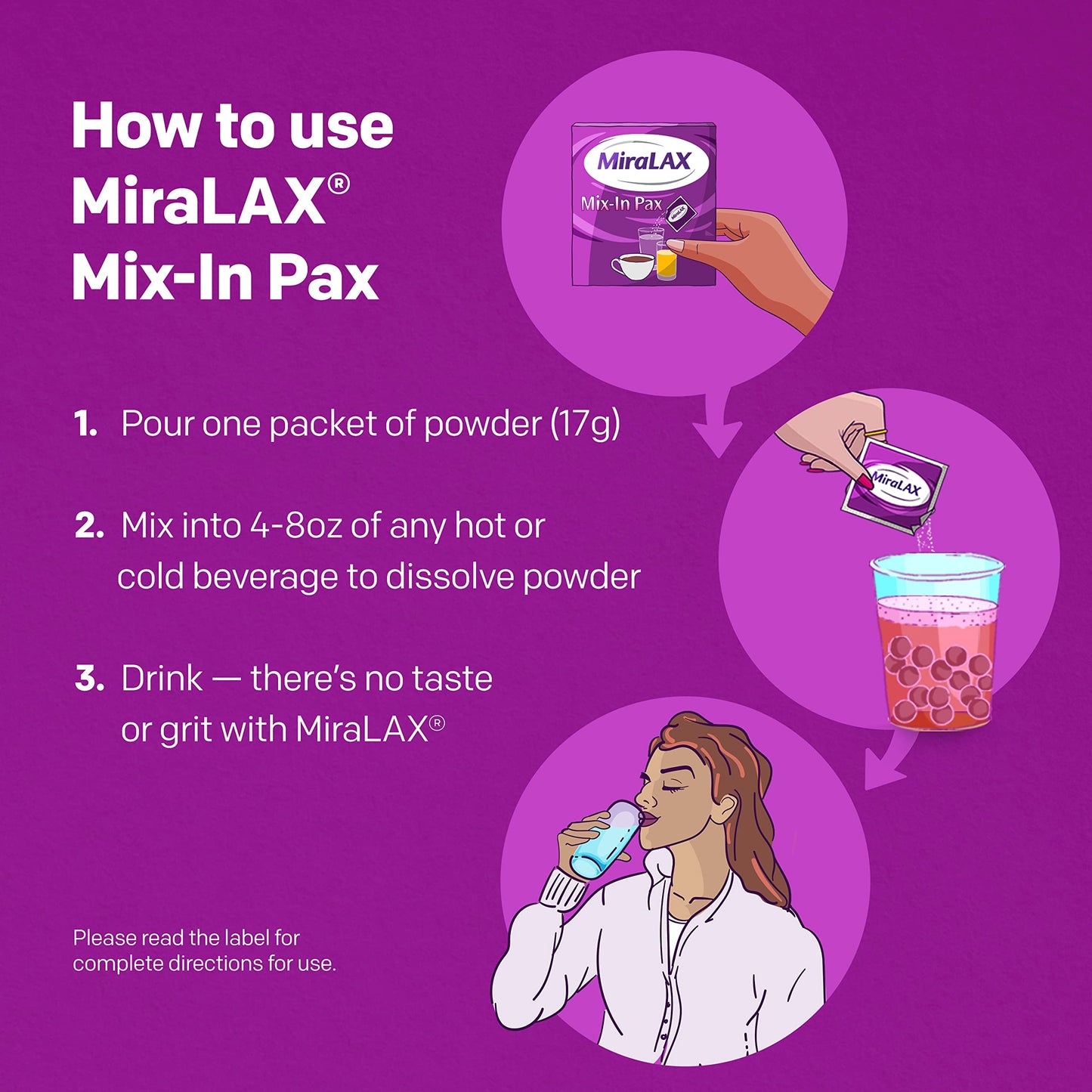 MiraLAX Gentle Constipation Relief Laxative Powder, Stool Softener with PEG 3350, No Harsh Side Effects, Single Dose Mix-In Pax with Mixing Stirrers, Travel Pack, 10 Dose