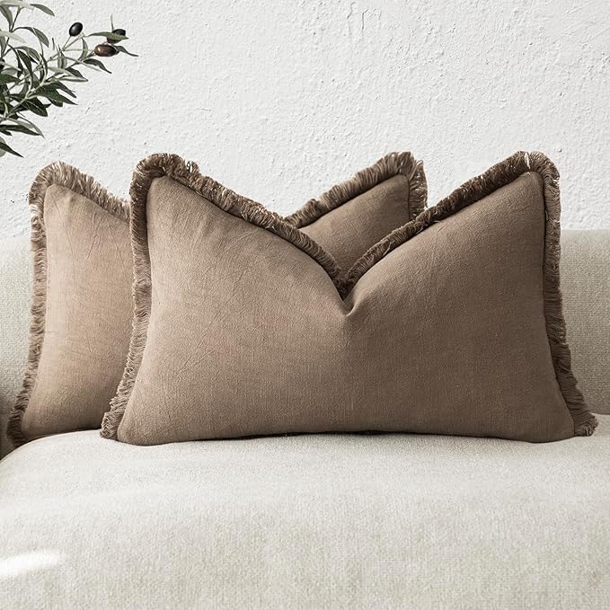 Foindtower Set of 2 Decorative Linen Fringe Throw Pillow Covers Boho Farmhouse Cushion Cover with Tassels Accent Pillowcase for Couch Bed Sofa Living Room Home Bedroom Decor, 12×24 Inch, Light Brown
