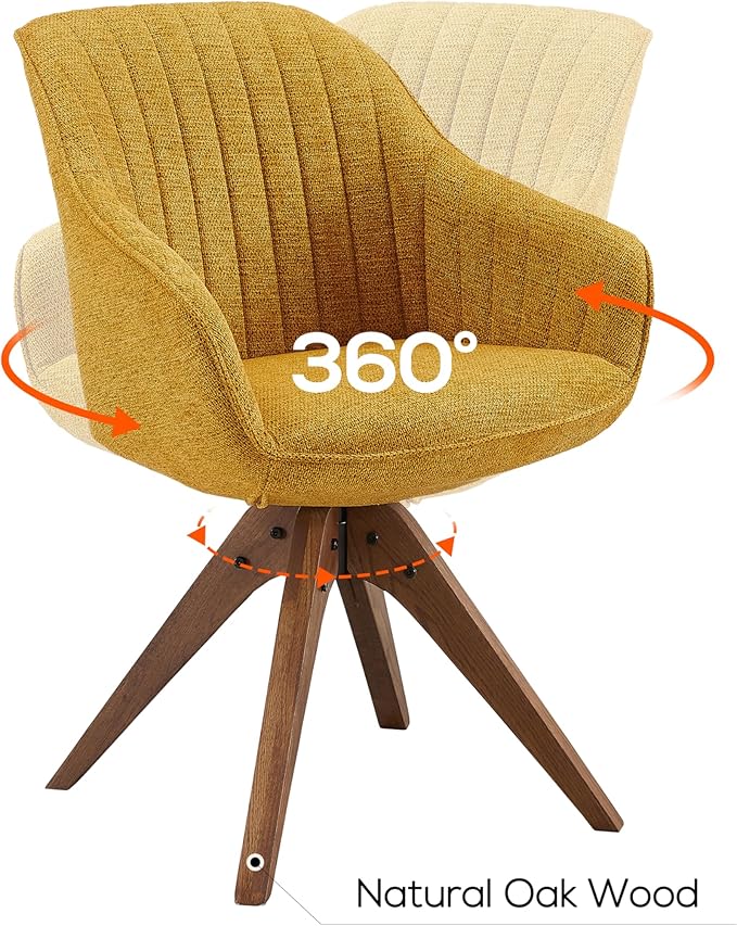 Art Leon Dining Room Chair - Mid Century Modern Fabric Upholstered Swivel Dining Chair with Wood Legs, Leisure Side Chair with Arms for Living Room, Yellow