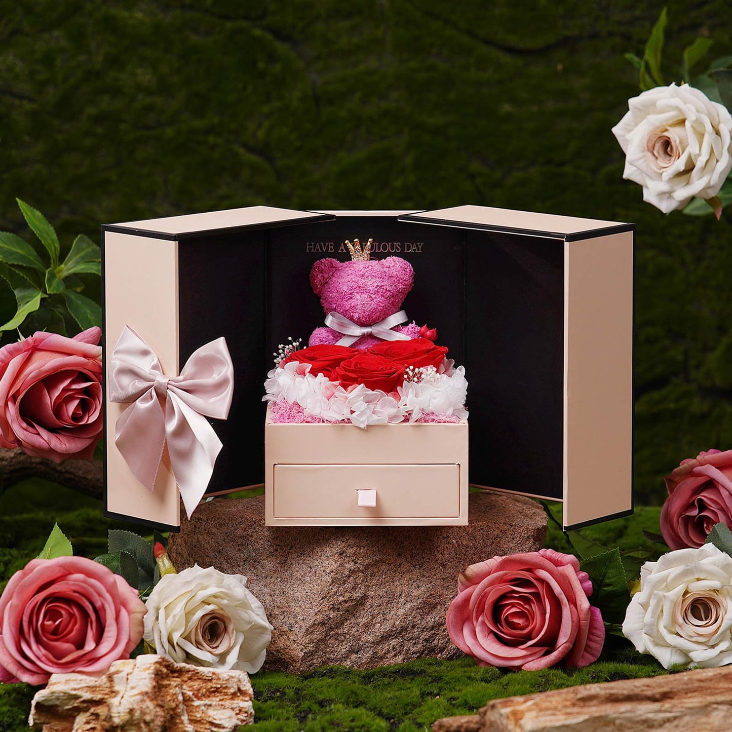 ADDWel Mom Birthday Gifts from Daughter or Son – Preserved Real Rose with Mom Necklace and Cute Moss Bear – Unique Rose Gifts for Women, Perfect for Mum, Mama, Mother on Birthday or Mother's Day
