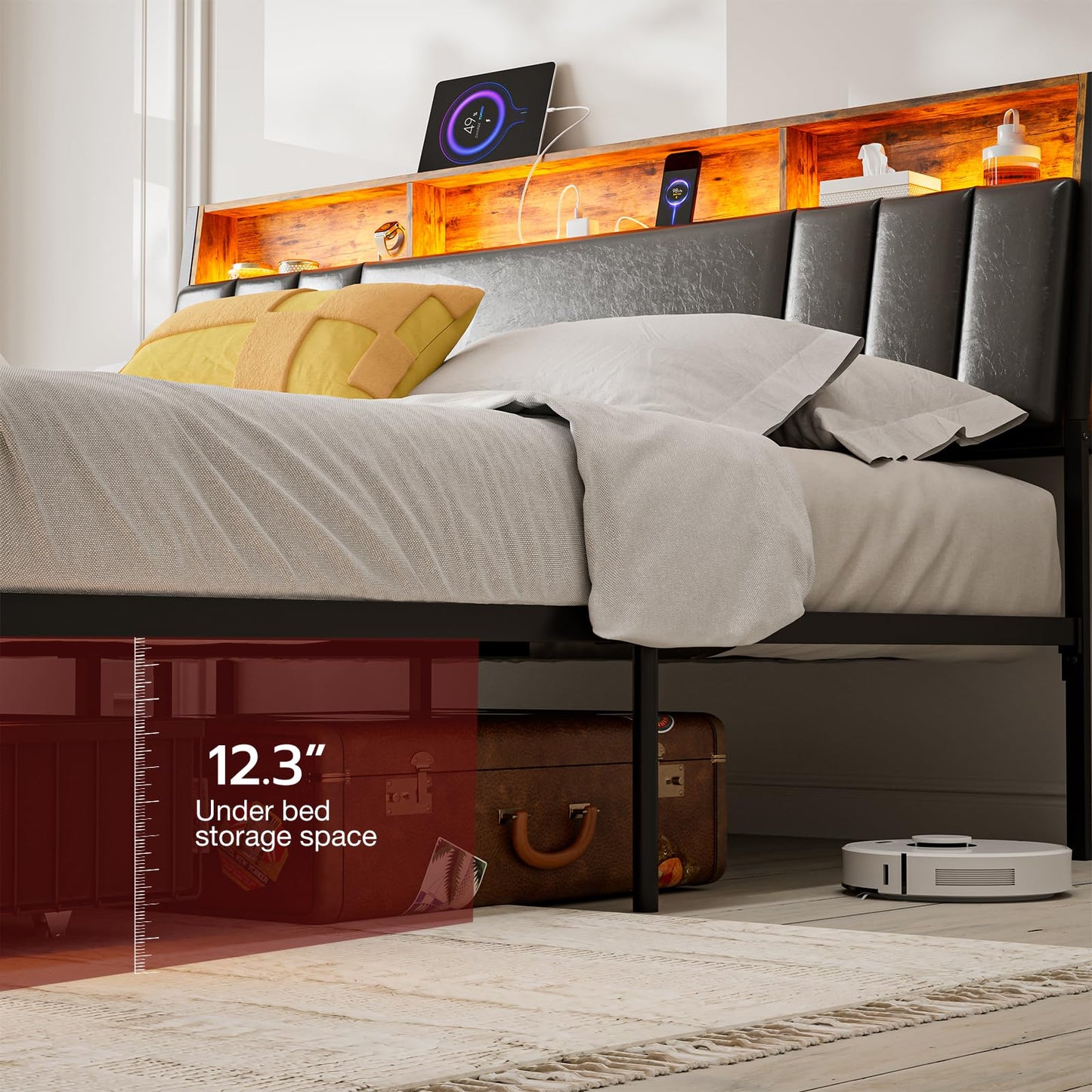 AOVSA California King Bed Frames with Ergonomic Hidden Storage headboard & Dustproof Drawers, Upholstered Cal King Platform Bed with LED Lights and Charging Station, No Box Spring Needed, Black