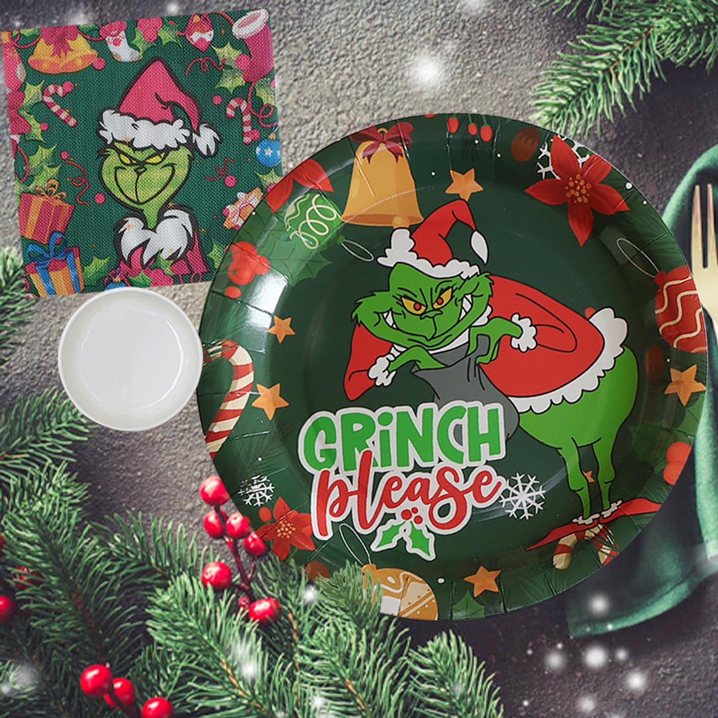 sparkepic 100 Pc Christmas Tableware Set: Green Holiday Characters, Disposable Dinnerware, 50 Plates, 25 Napkins, 25 Cups for Xmas Party Supplies and Decorations.