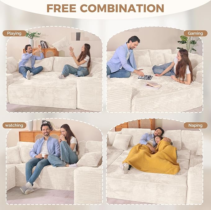 136'' Large Sectional Cloud Couches with Chaise, U Shaped Boneless Loveseat Sofa, No Assembly Required Deep Seat Modular Lounge for Living Room 3PCS Set, Bedroom(Beige)