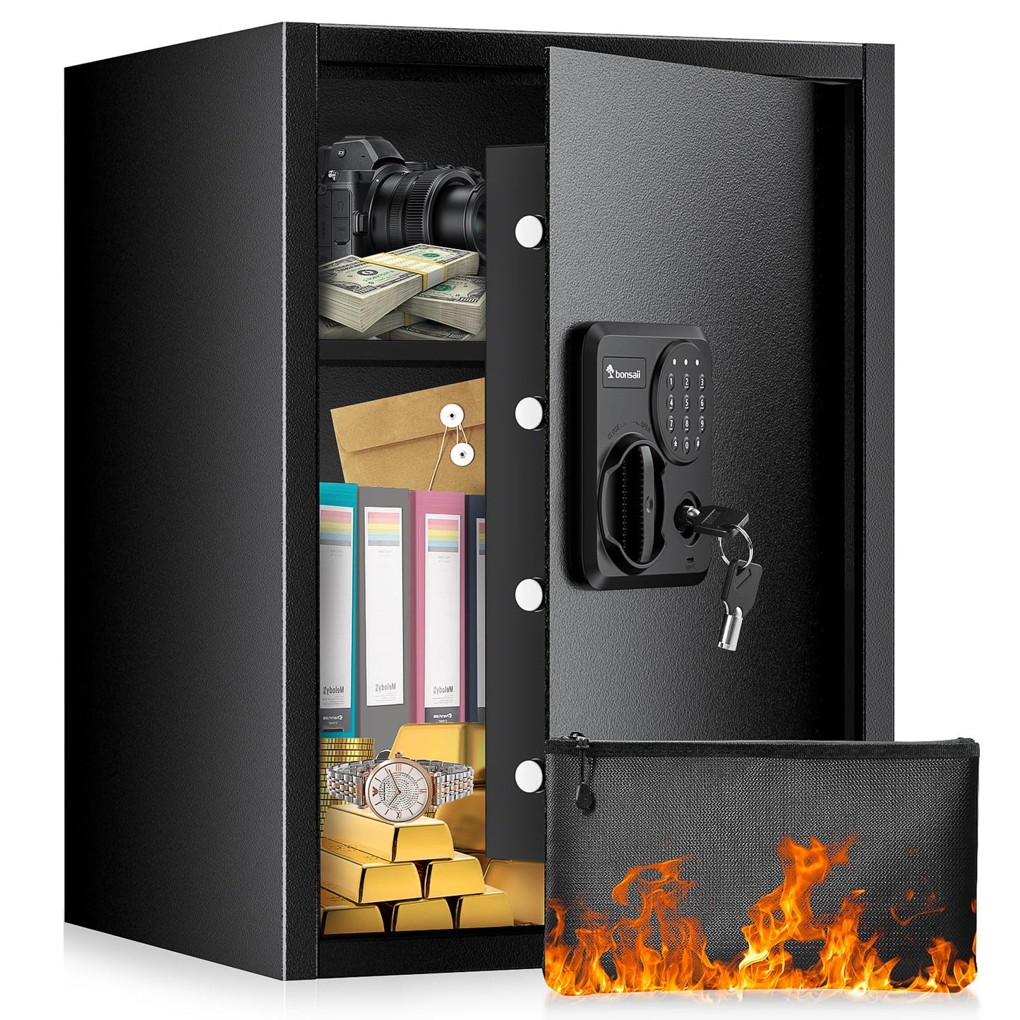Bonsaii Large Safe Box with Fireproof Bag, 2.5 Cubic Feet for home security with Electronic Keypad and Removable Shelf, Document Safe for Home, Money, Cash, Jewelry, 15.7"W x 15"D x 21.7"H