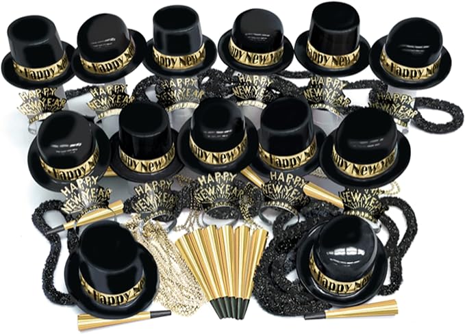 Crown Display New Years Eve Party Supplies 2026 I 250 Pcs I Black and Gold Top Hats Tiaras Bead Necklace Noise Makers I 20...