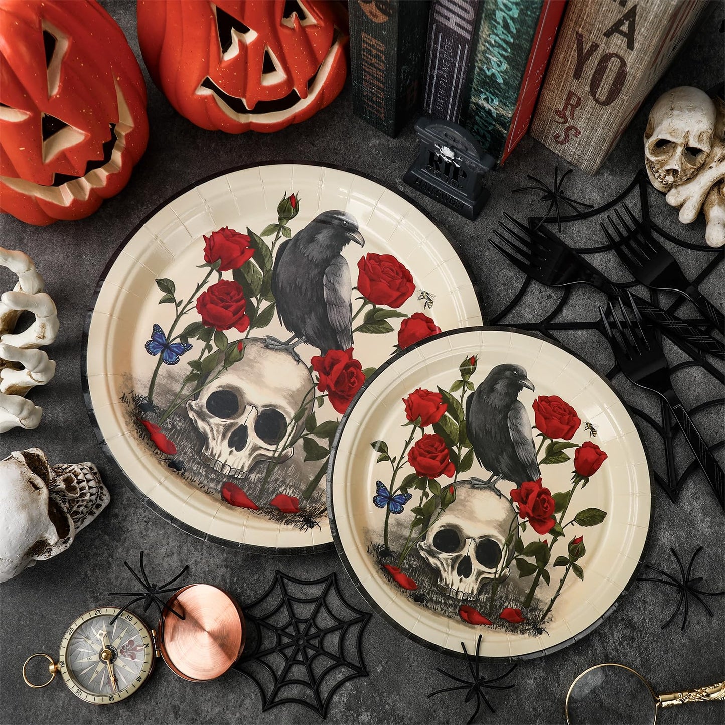 JarThenaAMCS Halloween Party Supplies Kit Serves 25 Skull Rose Paper Plates Napkins Plastic Forks for Birthday Party Tableware Supplies, 100Pcs