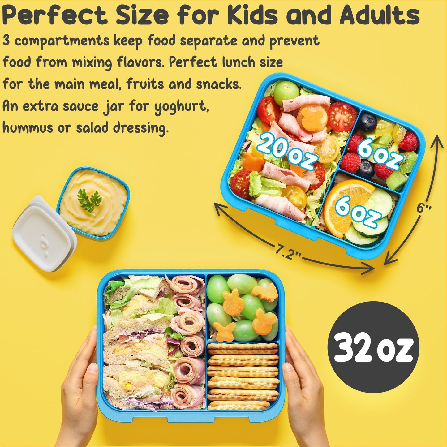 Fimibuke Bento Lunch Box for Kids, Leak-proof Boys Girls Bento Box with 3-Compartment BPA Free Dishwasher Safe Kids Lunch Portion Container Snack Box with Sauce Cup for Age 3-12 Kid Toddler for School