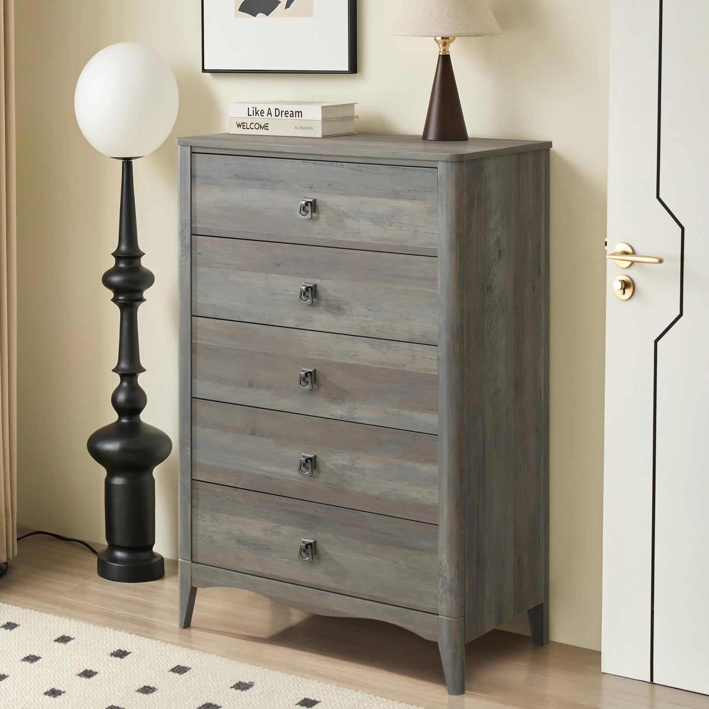 ELISA HOME Celine 5 Drawers Dresser for Bedroom, 47" Tall Modern Chest of Drawers, Wood Drawer Organizer for Clothes, Entryway, Hallway, Nursery or Living Room, Gray