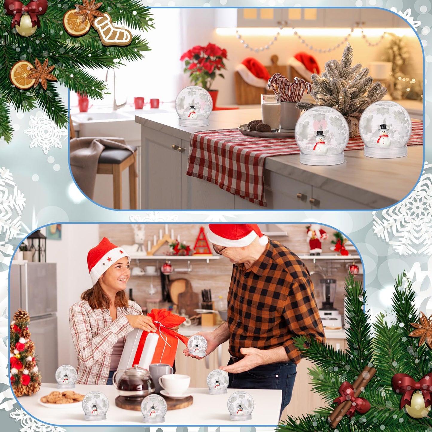 Cinnvoice 75 Pcs Winter Christmas Plastic Snow Globes Kit Includes 12 Snow Globe 12 Mini Snowman Figurines 50 Mini Resin Snowflakes and Artificial Snow for Xmas DIY Crafts Make Your Own Snow Globe