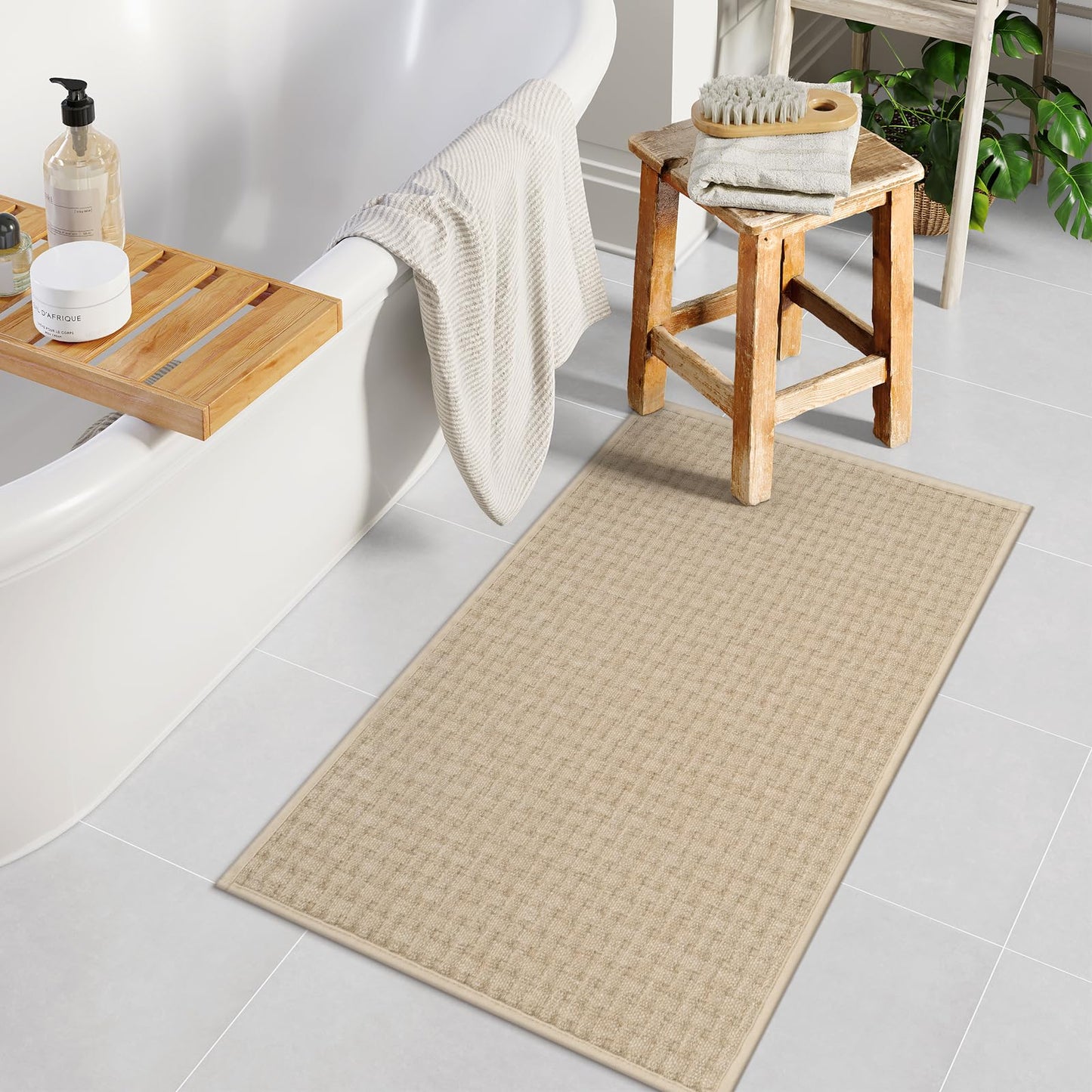 Uphome Khaki Bath Mat Waffle Non Slip Bathroom Rugs Neutral Woven Super Absorbent Bath Rugs Shaggy Soft Quick Dry Washable Thin Shower Rug for Tub Toilet Vanity, 16x24 inch
