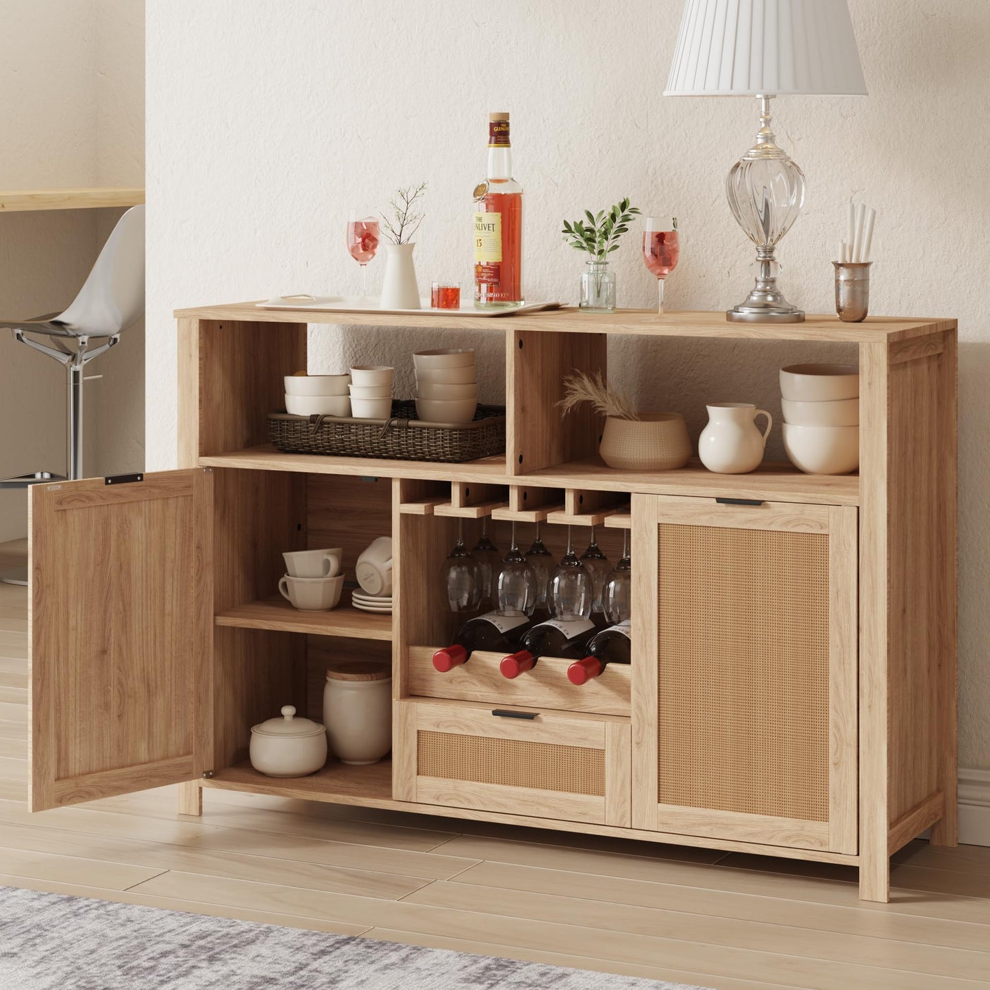 EROMMY Buffet Cabinets with Storage, 51" Rattan Sideboard with Removable Wine Rack and Glass Holders, Boho Farmhouse Wine Liquor Cabinet for Kitchen Dining Living Room Entryway (Natural)