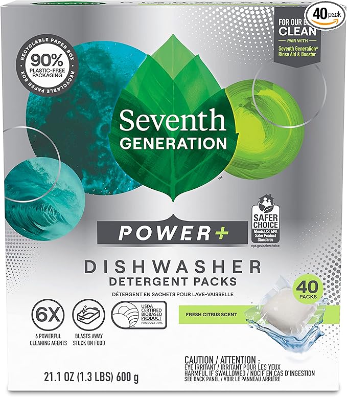 Seventh Generation Power Plus Dishwasher Detergent Packs Fresh Citrus scent for sparkling dishes Dishwasher tabs 40 count