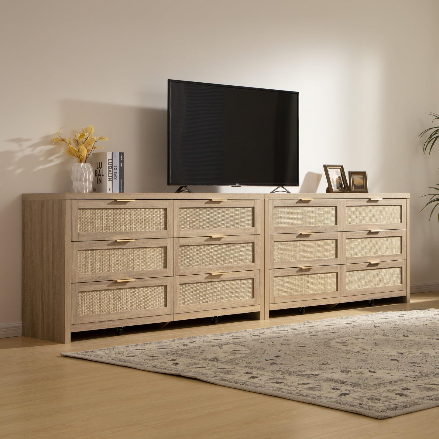 SICOTAS Rattan Dresser for Bedroom, 56.9" Wide 6 Drawer Dresser with Ample Storage, Dressers Large Chest of Drawers, Closet, Boho TV Stand for Bedroom (Reclaimed Light Oak, 1 Piece)
