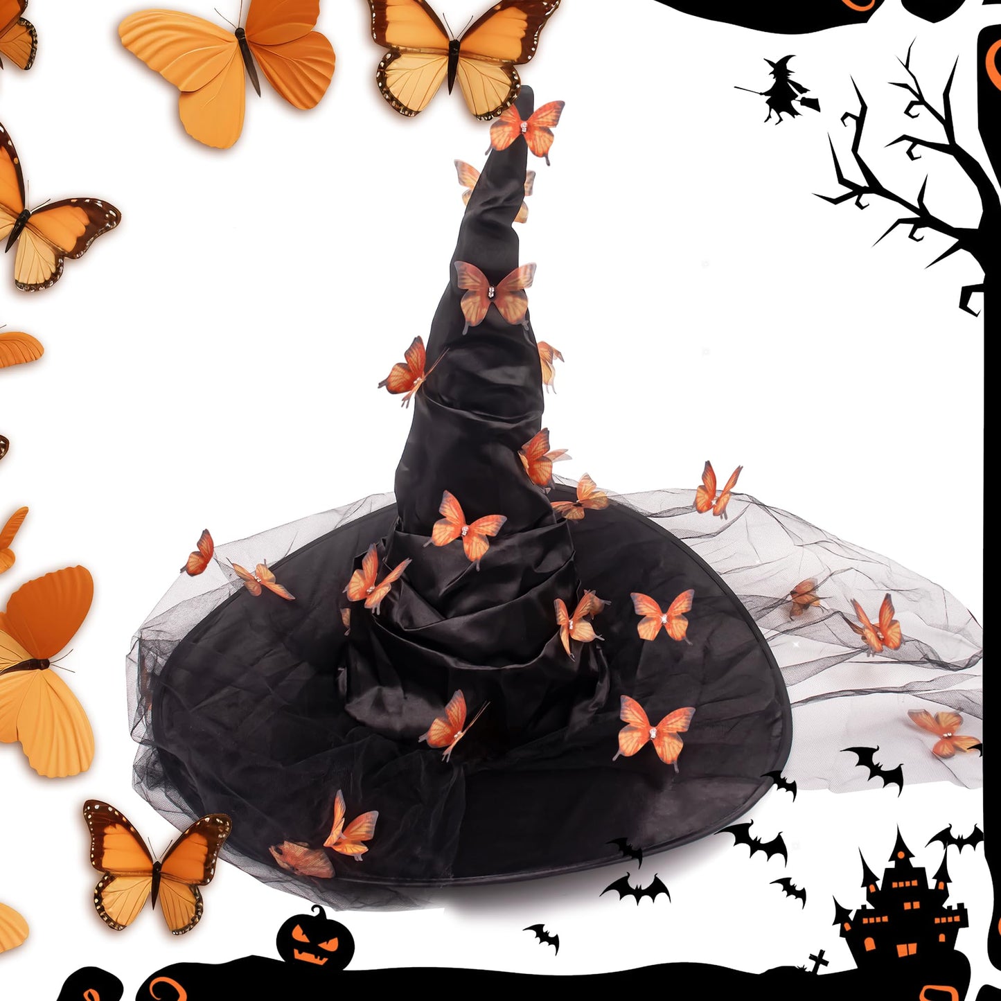 MGupzao Halloween Witch Hat - Halloween Costumes Outfit for Women, Witches hats for Women Adult Attached Butterfly and Veils, Cosplay Costume Halloween Party Favors