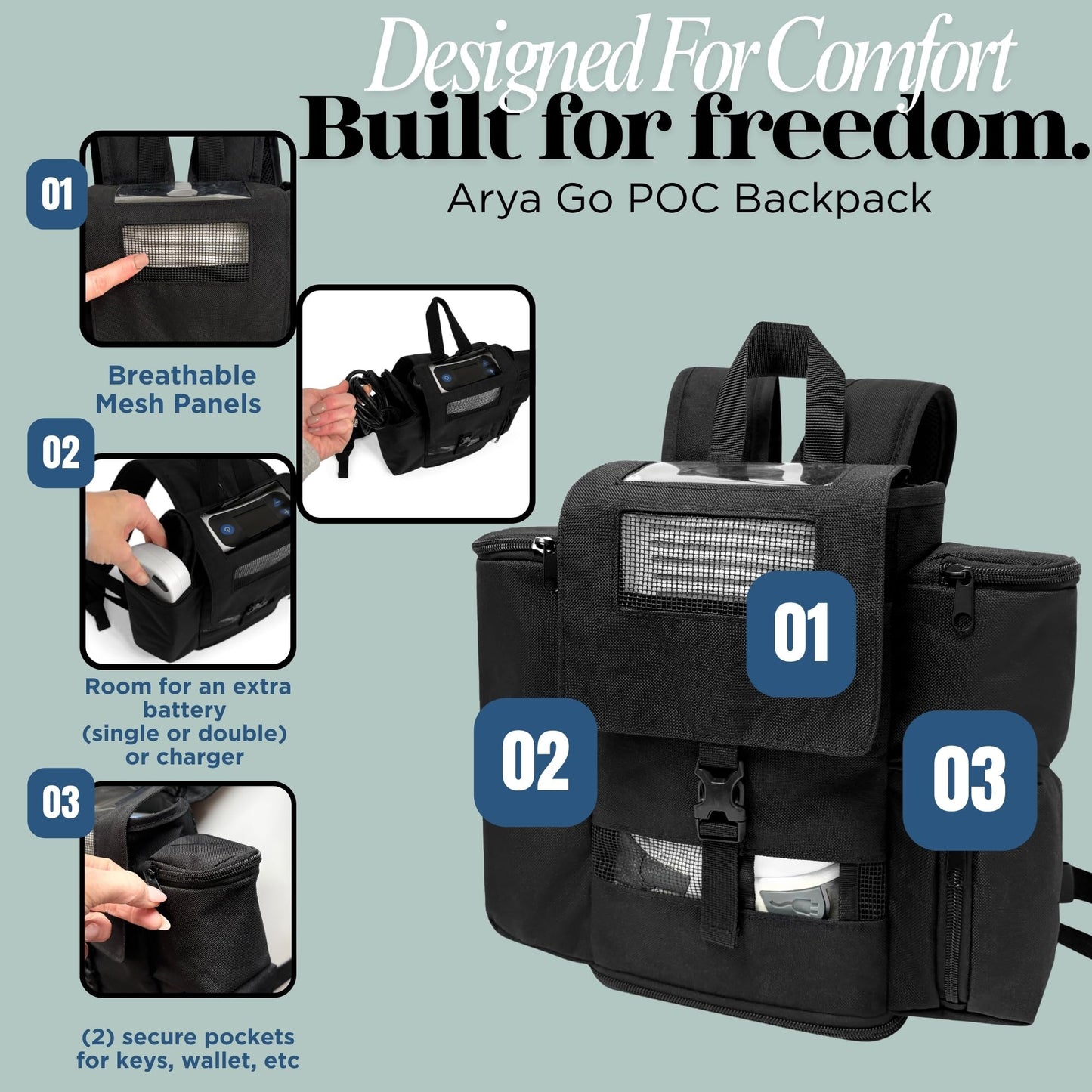 O2TOTES WEAR YOUR OXYGEN WITH STYLE Backpack Fit For Caire Freestyle Comfort; Zippered bottom, pockets for accessories, padded backpack straps, backpack only