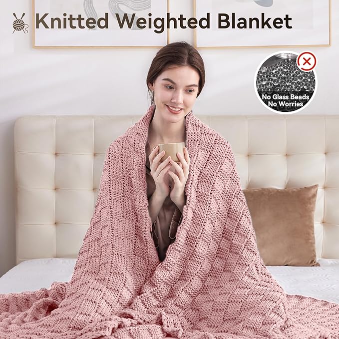 Knitted Weighted Blanket for Adult, No Beads Heavy Blanket 60” x 80'' 10lbs, Breathable Chunky Knit Blanket, Cooling Weighted Blanket for Hot Sleepers, Christmas Home Decor (HoneyPink)