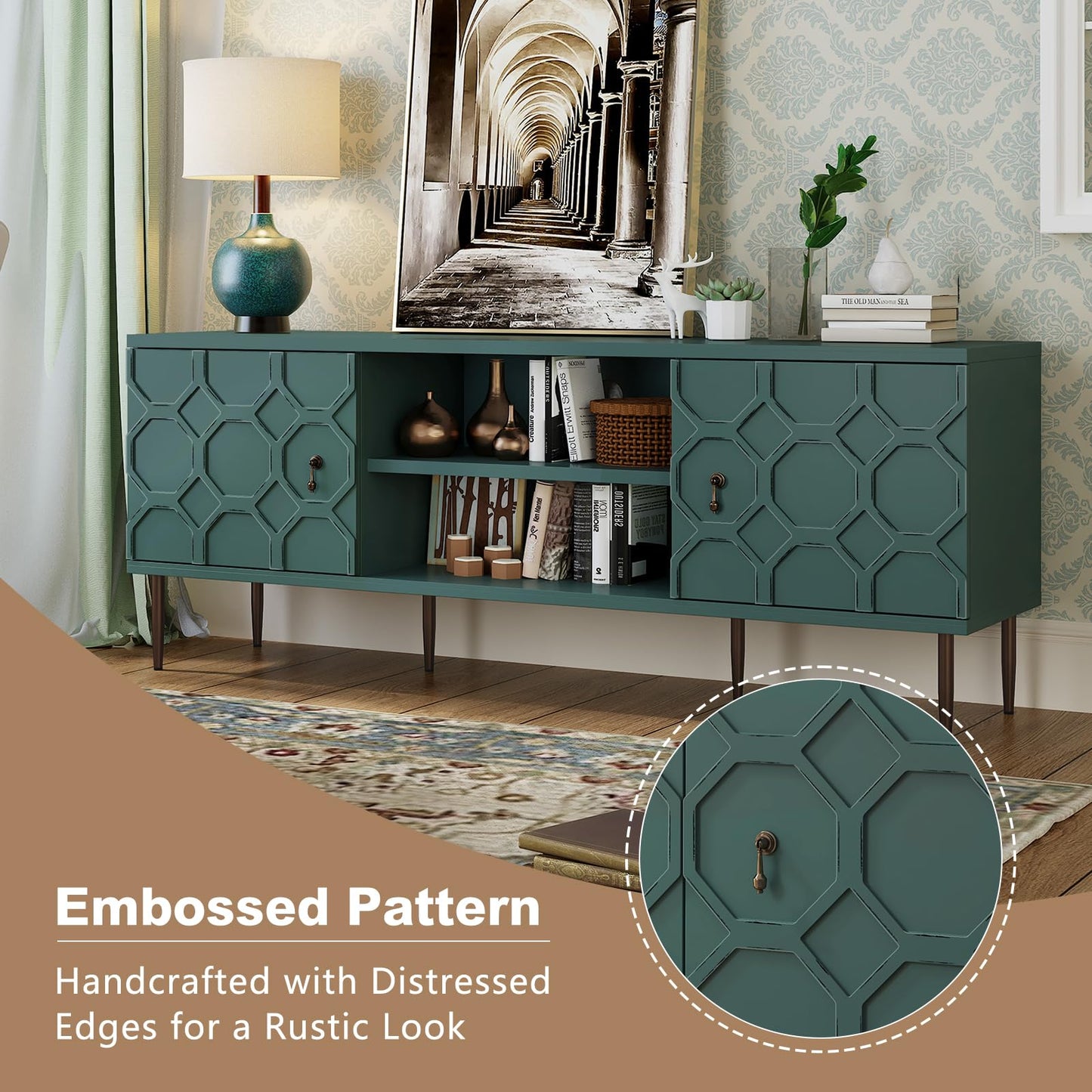 MROJISC Modern TV Stand for 65/70inch TV, Entertainment Center with Storage Cabinet and Open Shelves, Embossed Pattern TV Stand, TV and Media Console for Living Room, Bedroom, Green
