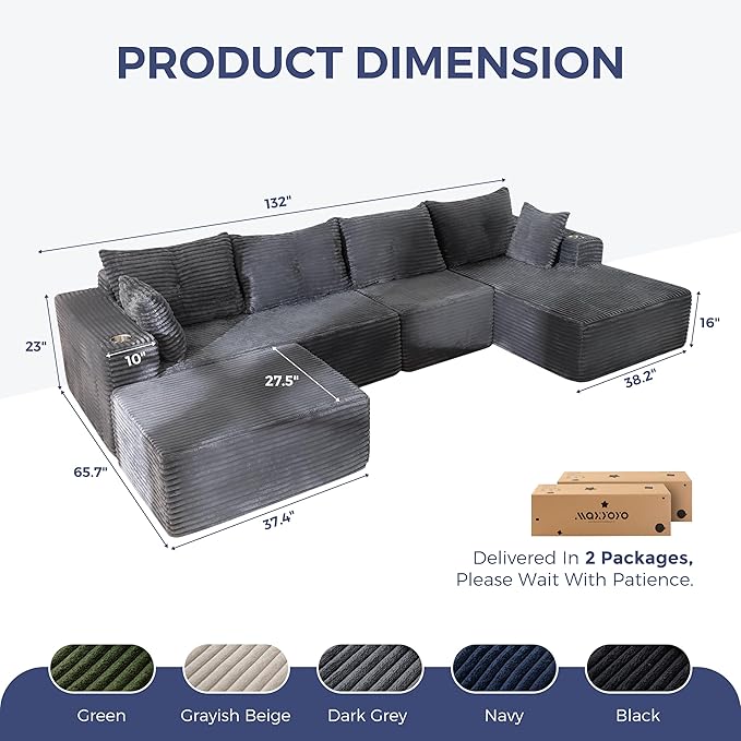 MAXYOYO 132" Giant U-Shaped Modular Sectional Couch, Modern Boneless Couch for Living Room, Sofa in A Box, Oversized Sofa Sleeper with Deep Seat, No Assembly Required, Dark Grey