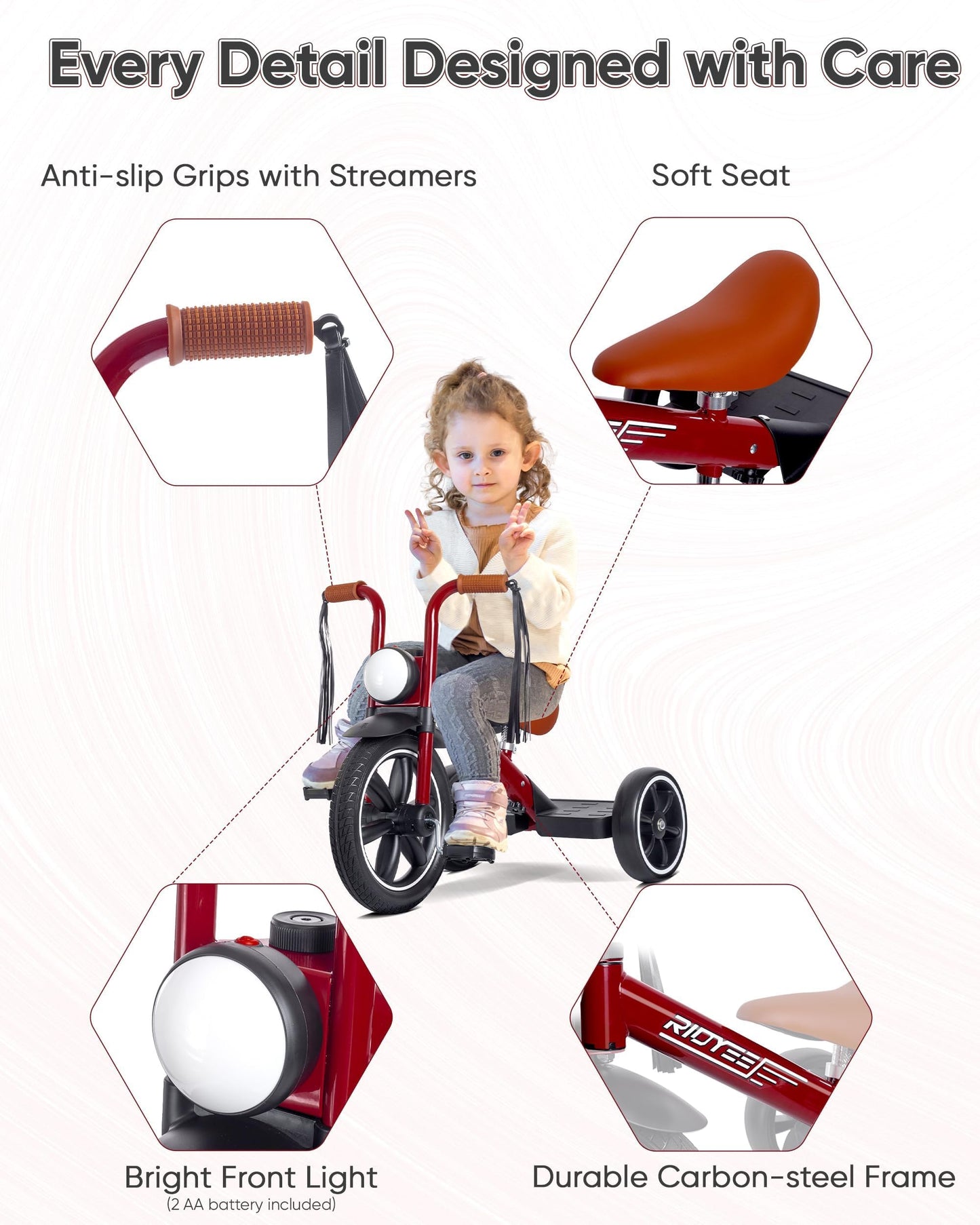RIDYEE Toddler Tricycle for 2 to 5 Years, Tricycle for 3 Years with Front Light, Rubber Front Wheel, Soft Handlebar with Streamers, Adjustable Seat, Red