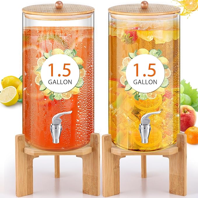 FillTouch 2 Pack 1.5 Gallon Glass Drink Dispensers for Valentine's Party, Beverage Dispensers with Stand, Spigot and Bambo...