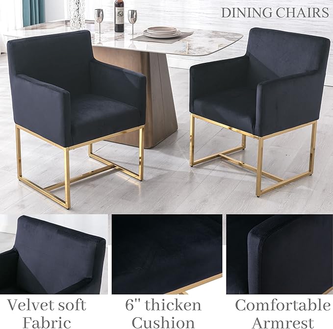 BESTANO Set of 4 Upholstered Velvet Dining Chairs with Armrest, Mid Century Modern Accent Armchairs, Modern Kitchen & Dining Room Chairs with Gold Frame, Black