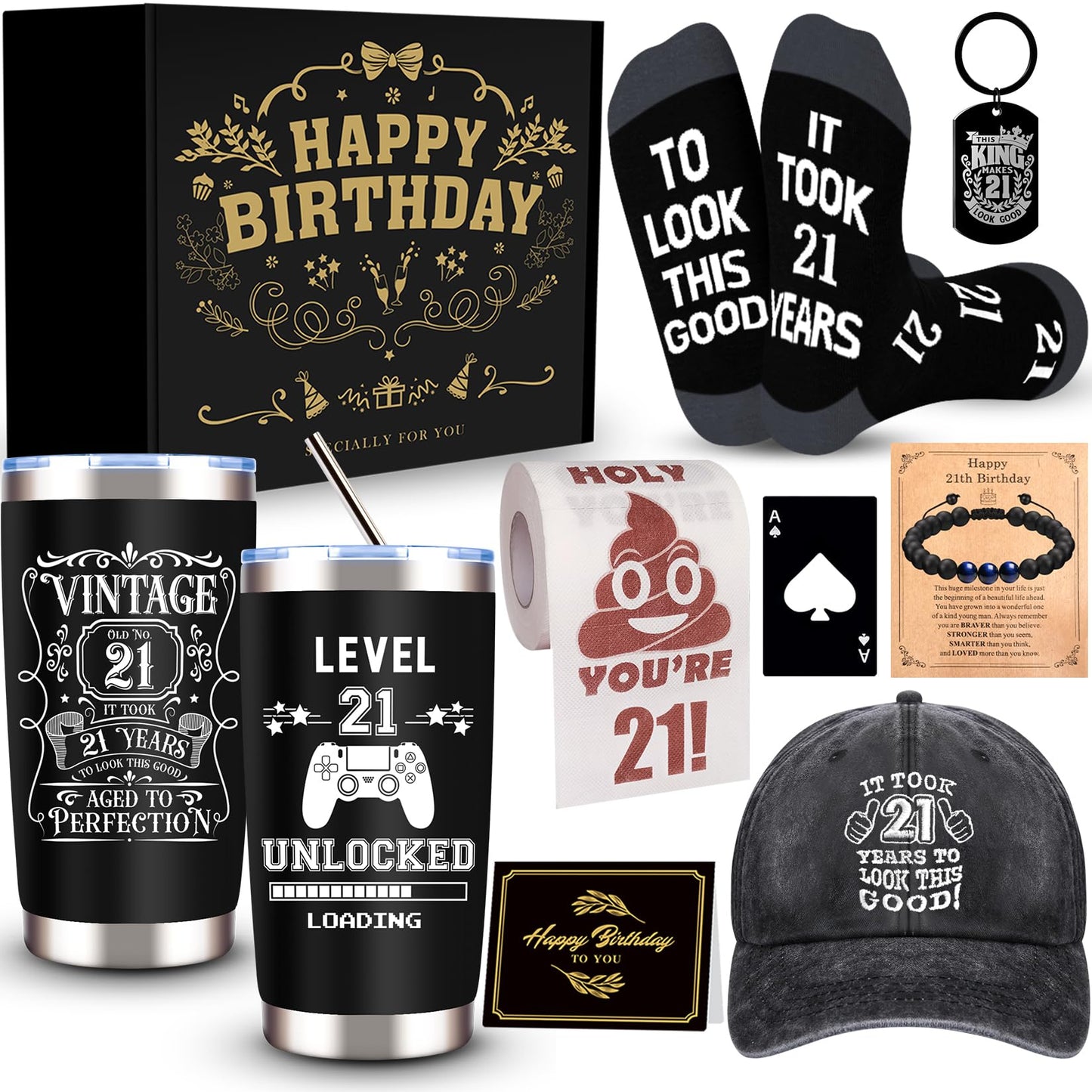 JTAMOHI 9 Pcs Happy 21th Birthday Gifts for Boys, 21 Year Old Boy Birthday Gifts with 20 Oz Tumbler, Funny Socks, Toilet Paper, Bracelet, Baseball Cap, Keychain for Son, Nephew, Grandson, Brother