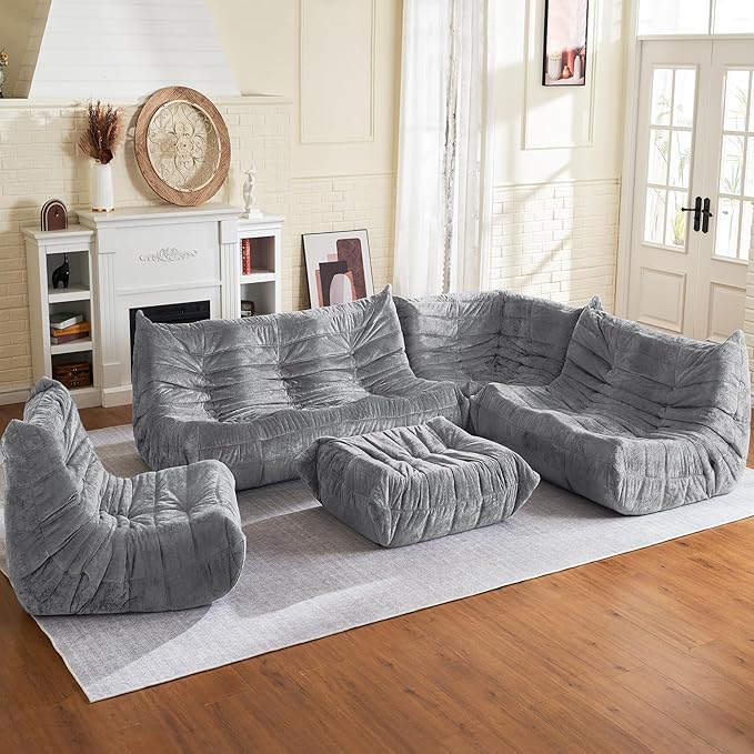 HABUTWAY Bean Bag Chair, Giant Bean Bag Chairs for Adults, Bean Bag Sofa with Filler Faux Fur, Memory Foam Bean Bag Couches Fireside Lazy Sofa for Living Room, Bedroom, Office (Light Grey)