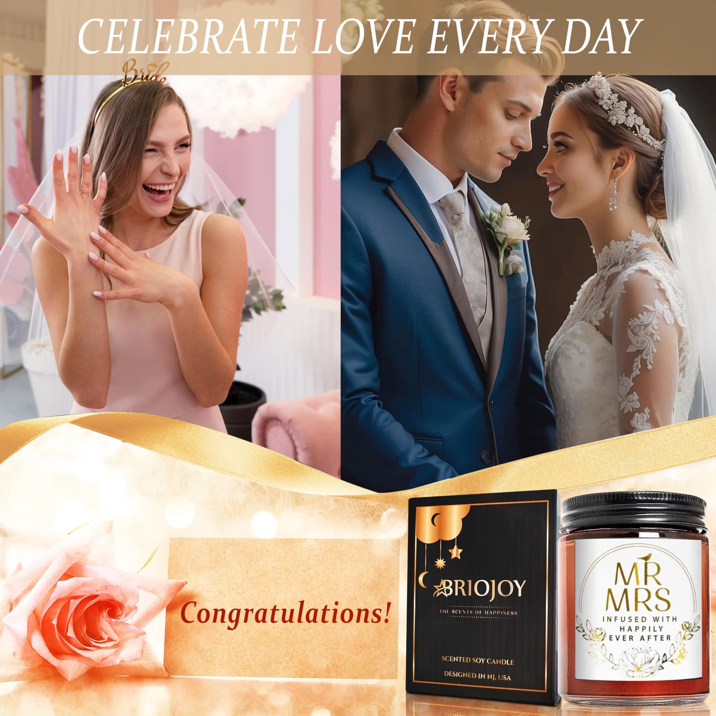 Briojoy Wedding Gifts for Bride, Groom - Mr and Mrs Candle - Happy Engagement Gift for Her, Bride to Be - Gifts for Bridal Shower, Newlywed, Married Couples Anniversary - Jasmine Scented Soy Candle