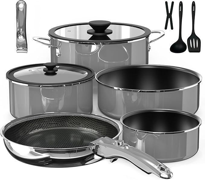 Pro DUXANO 12PC Nonstick Pots and Pans Set&Hybrid 3-Ply Stainless Steel Skillet, High Heat Sear&Fry, 2-Layer Ceramic Induction Cookware, 9H Scratch-Resistant&Anti-Warp,PFAS Free,All Cooktop/Dishwasher