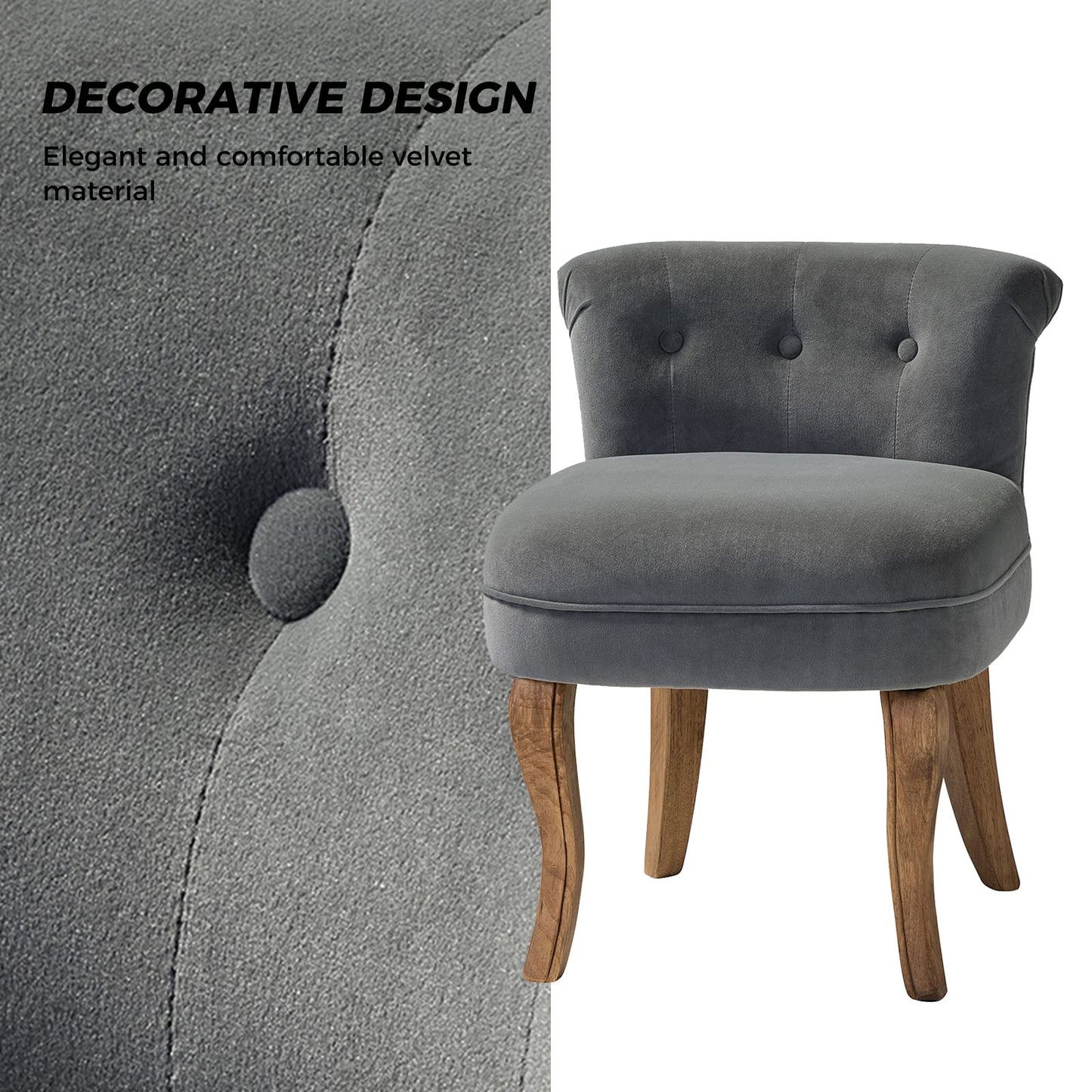 HULALA HOME Velvet Vanity Stool with Low Back, Modern Vanity Chair with Solid Wood Legs, Small Upholstered Makeup Chair Home Decor for Bedroom Living Room Dressing Table, Women Girls, Grey