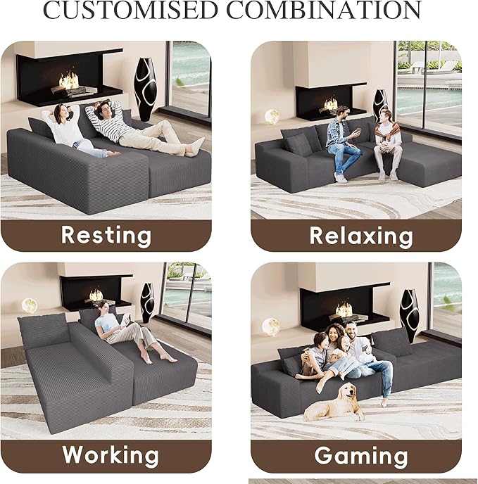 NAYA 106” Modular Sectional Sofa, Cloud Sectional Couch with Deep Seat, Modern Modular L-Shape Sofa Boneless Couch with Chaise for Living Room Bedroom (Grey, Sectional Sofa with Right Facing Chaise)