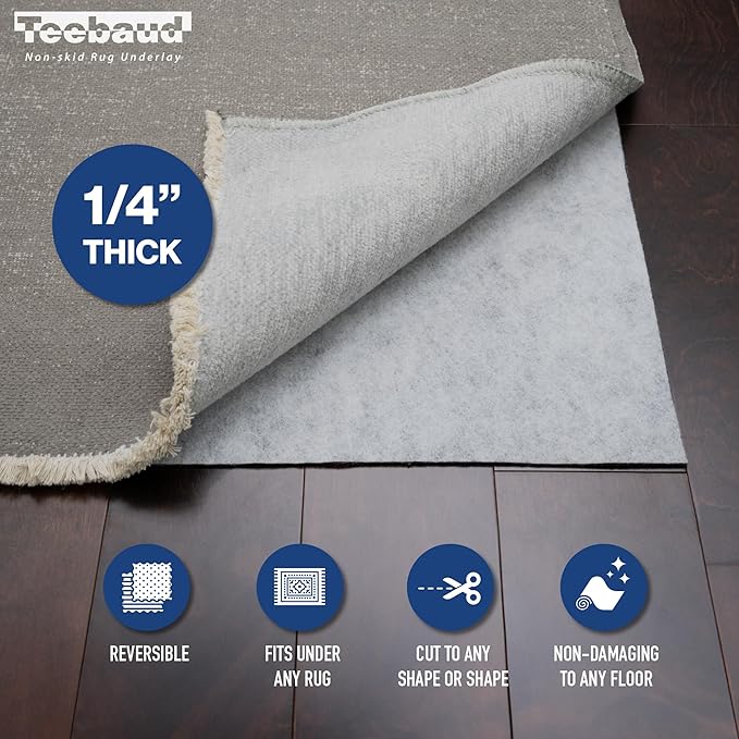 3' x 12' Non-Slip Rug Pad, Reversible Gripper, Non Skid Pads for Hardwood, Vinyl, Tile, Laminate Floors, Keep Area Rugs Secure, Natural Materials Safe for Indoor Flooring, ¼” Thick