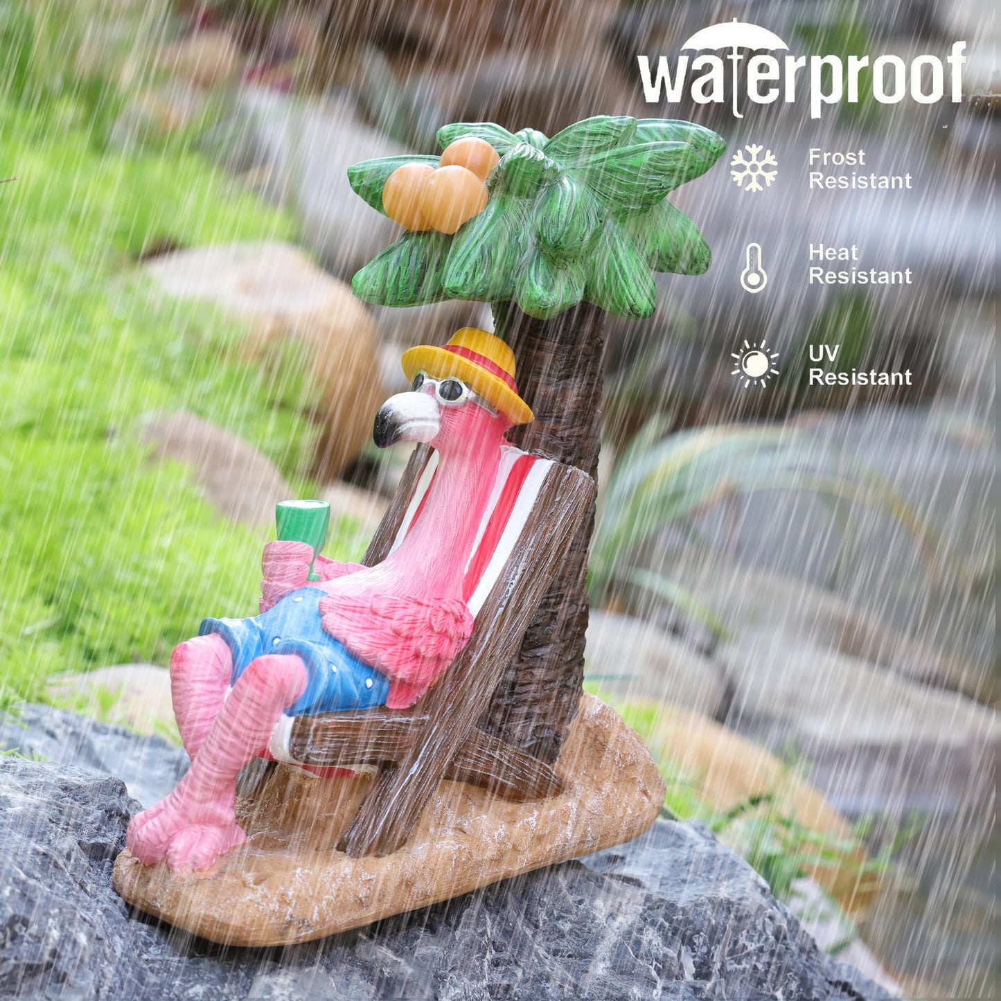 EPTUEGA Pink Flamingos for Yard-Solar Garden Statues Gifts - Flamingos on Beach Vacation Light up Coconut Tree for Outdoor Lawn Yard Decor