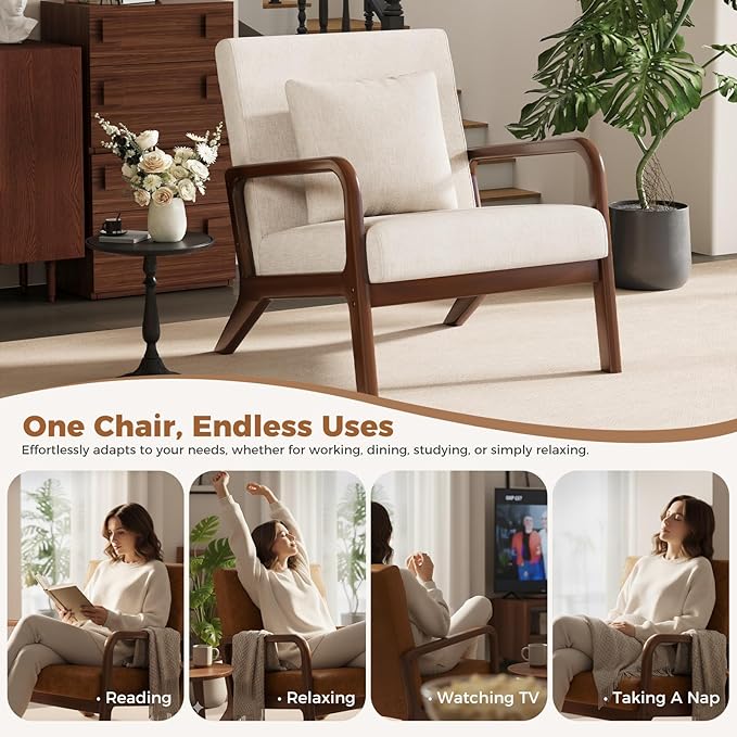 ELUCHANG Mid-Century Modern Chair,Accent Chair with Lumbar Pillow,Upholstered Armchair,Linen Fabric Comfy Reading Chair Beige, Linen, Set of 2