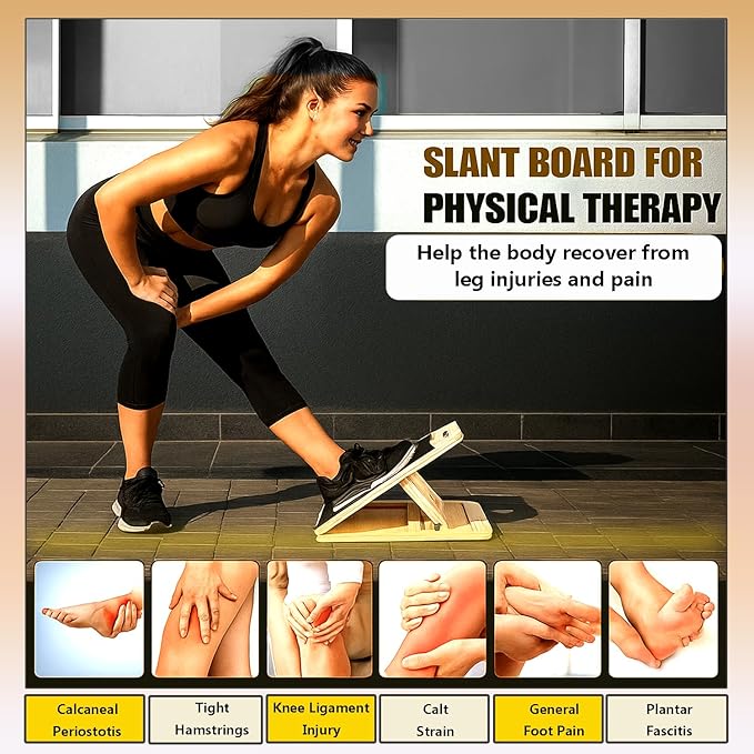 UKRFIT Adjustable Wooden Slant Board – Foldable, Non-Slip Calf Stretch & Balance Trainer with 5 Resistance Bands, Height-Adjustable Incline Board for Home Gym, Supports up to 110 kg
